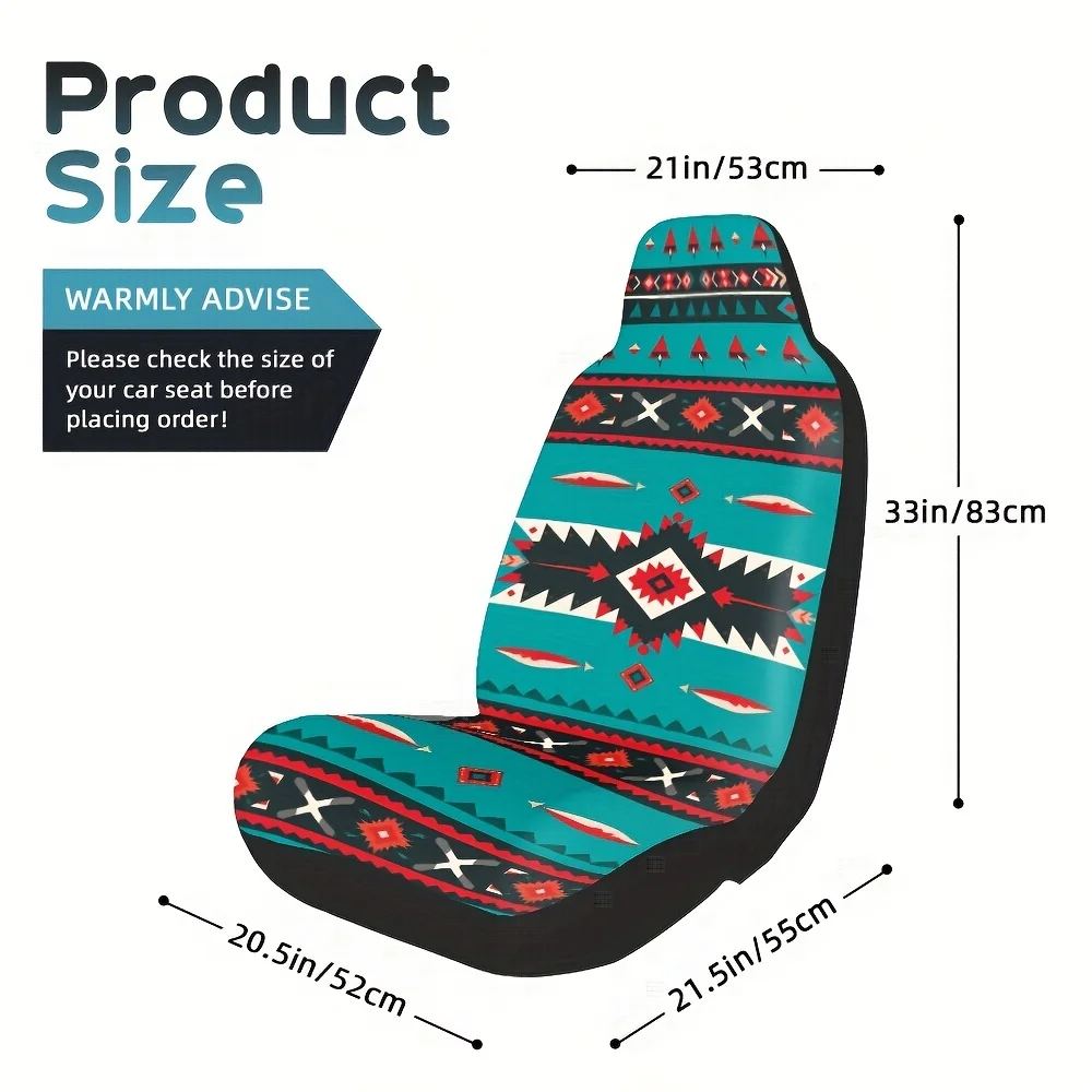 2pcs Aztec Tribal Feather Print Car Seat Covers - Vibrant Teal & Red Design, Machine Washable, Fit For Most Sedans & Trucks, Sty