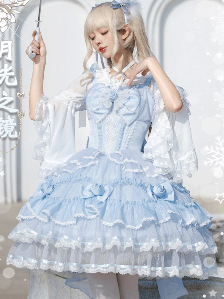 فستان ربيع جديد 2025 بفيونكة لطيفة ورائعة بحافة من الدانتيل بطول الركبة فستان أصلي بحمالات للأميرة لوليتا Jsk للسيدات ساخن #3