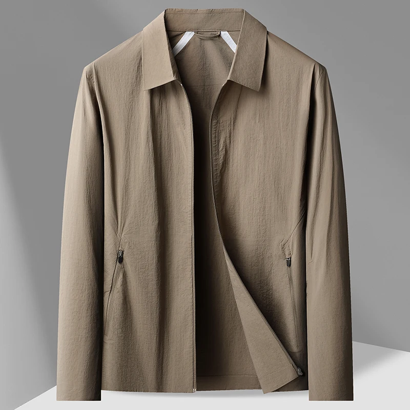 Men's Wrinkle Free Light Thin Business Jacket, Lapel Collar Zip Up Stretch Windproof Nylon Cotton Spring Casual Outer Coat
