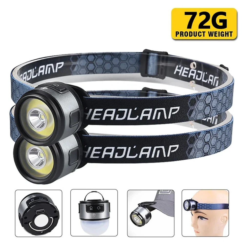 Mini Multifunction LED Headlamp USB C Rechargeable Head Flashlight With Strong Magnet Cap Clip Light For Fishing Camping