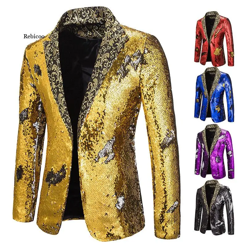 

Luxury Royal Blue Sequin Glitter Blazer Jacket Men Flower Lapel 2 Color Conversion Blazers Mens Nightclub Stage Singers Custmes