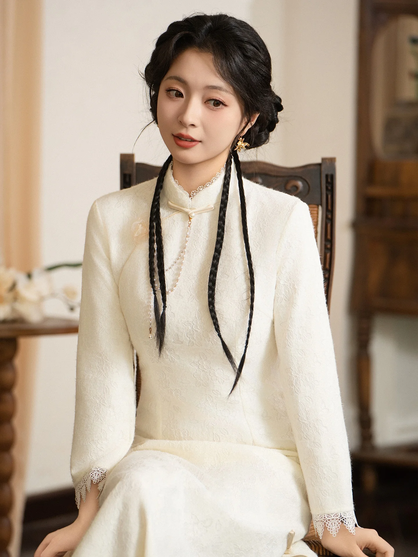 

Элегантное белое свадебное платье для женщин, средней длины, с длинными рукавами, в ретро-стиле, традиционное китайское свадебное платье