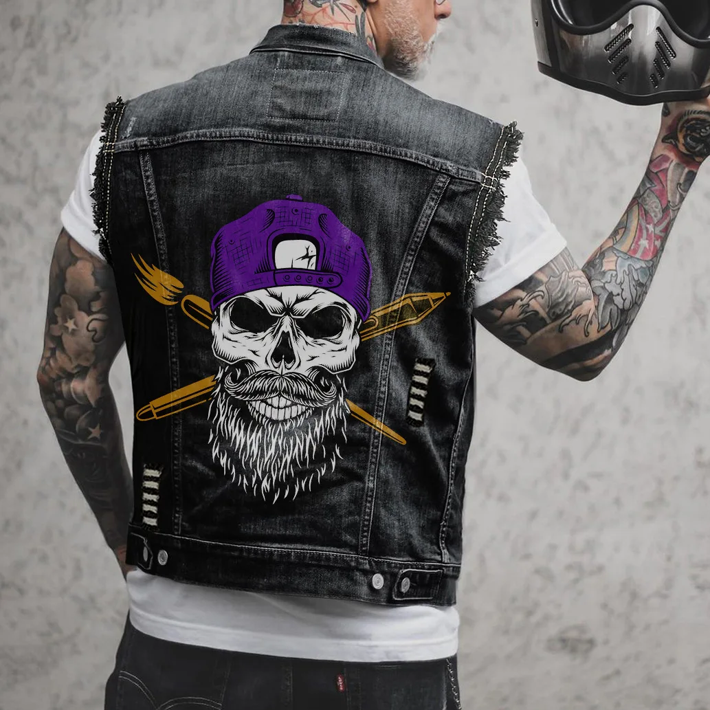 Punk Rock Top Hole Ripped Cotton Sleevless Jean Jacket Coat Mens Skull Print Motorcycle Biker Denim Vest Waistcoat