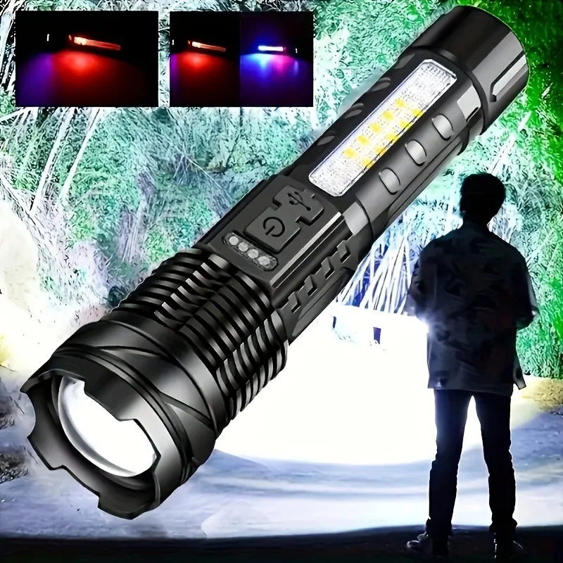 Multifunctional Outdoor Flashlight Portable Rechargeable Long Distance Strong Light With Side Light Power Display LED Warning