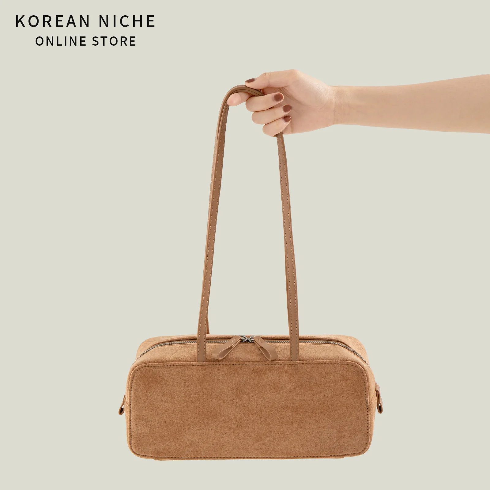 Women Suede Boston Bag Cylinder Shoulder Handbag Double Zipper Closure Long Strap Underarm Bag Casual Daily Commuter Purse
