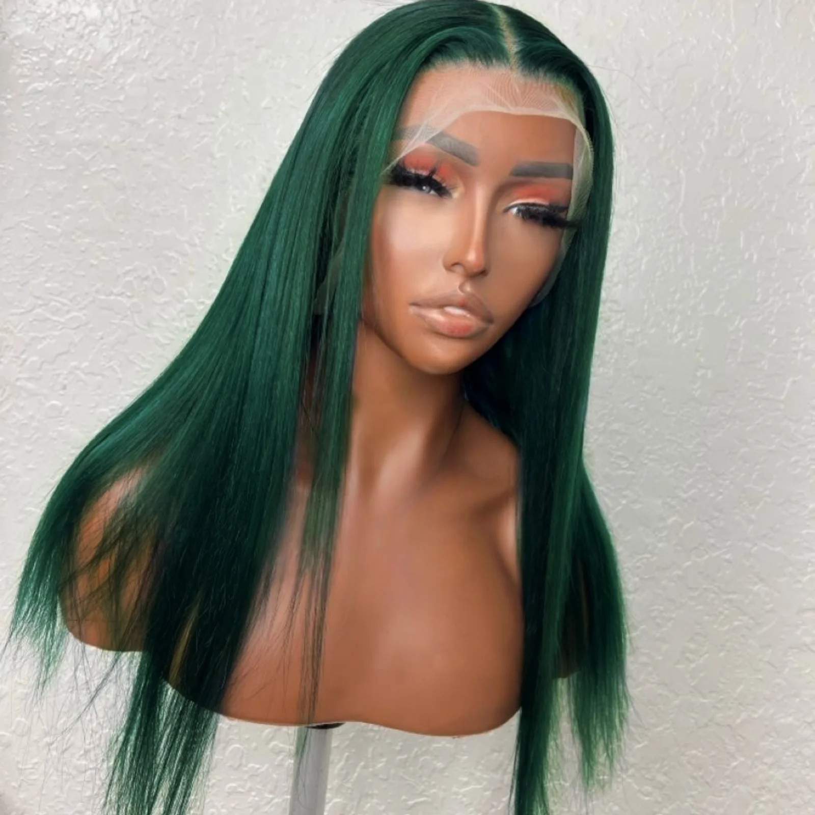 13X4 Wig sintetis lurus panjang Wig depan renda hijau tua Wig Frontal renda rambut warna hijau panjang untuk wanita serat panas