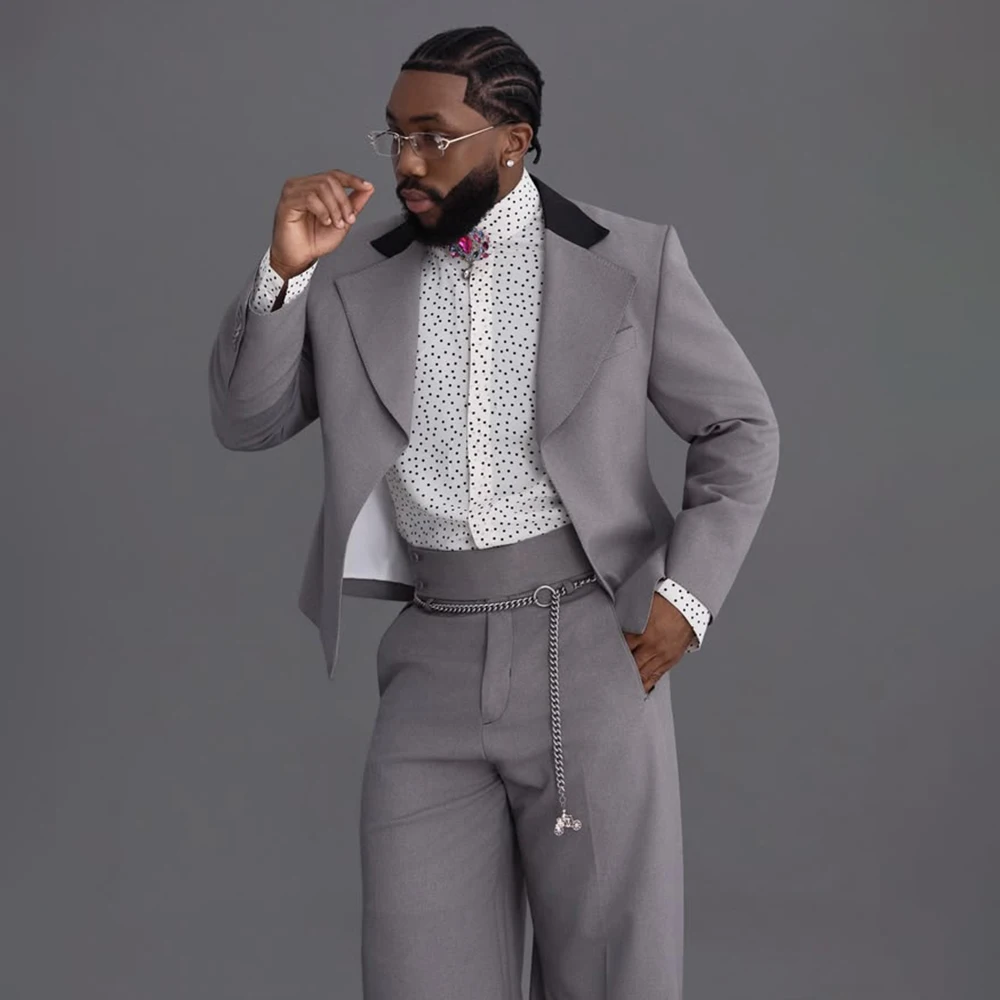 Men Grey Cropped Blazer Suit Set Understated Wide Leg Pants 2 Piece Notch Lapel Formal Evening Party Tuxedo Wedding Guest Outfit