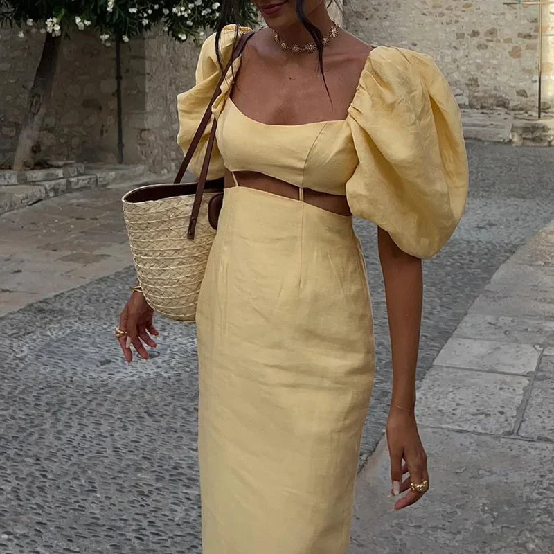 Mulheres puff manga vestido de festa senhoras 2025 cintura oca alta rua vestido de verão elegante sólido gola quadrada férias vestido longo