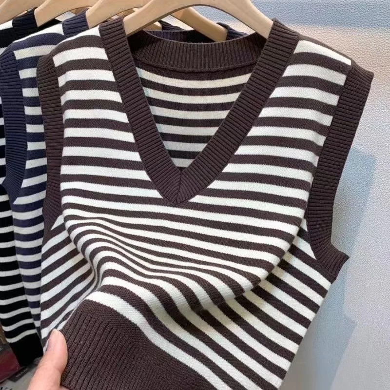 Y2K Preppy Style Simple Women Sweater Vest Winter Fashion Pullover Elastic Knit Ladies Jumper Casual Stripped Female Basic Tops