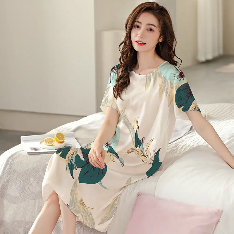 Nightgown Women Summer Ice Silk Pajamas Short Sleeve Thin Silk Sleepwear Large Size Loose Homewear Korean Print Night Wear New