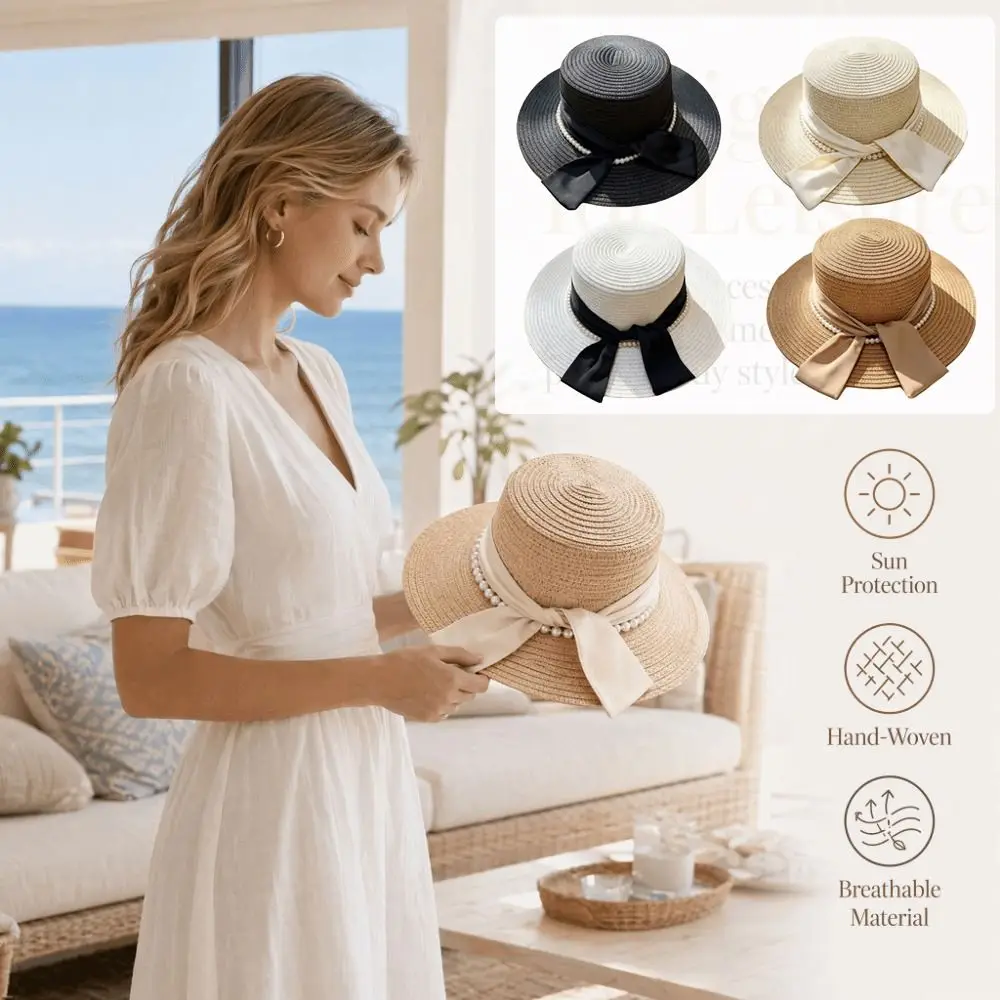 French Multicolor Straw Hat Beads Chain Silk Bow Bucket Hat Elegant Sunshade Sun Hat Seaside Beach