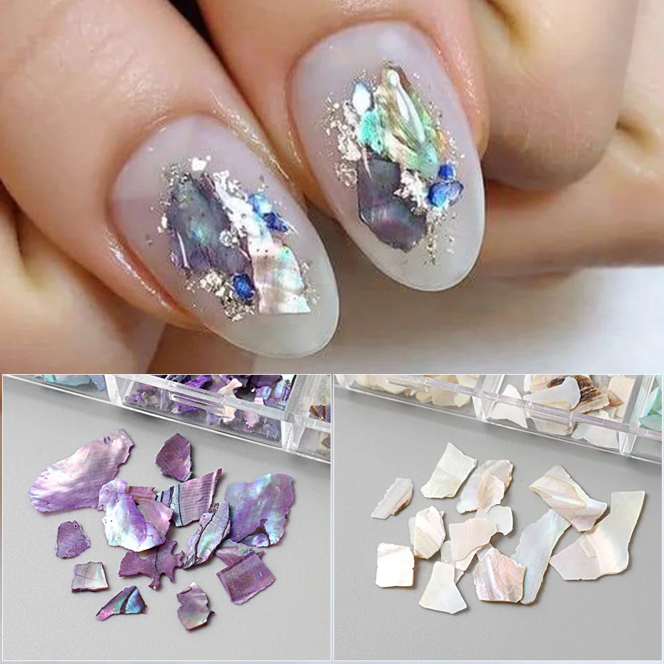 12 siatka brokat płatki muszli Abalone do zdobienia paznokci dekoracje 3D Charms wiosenne letnie plastry DIY Manicure błyskotka akcesoria — zdjęcie 6