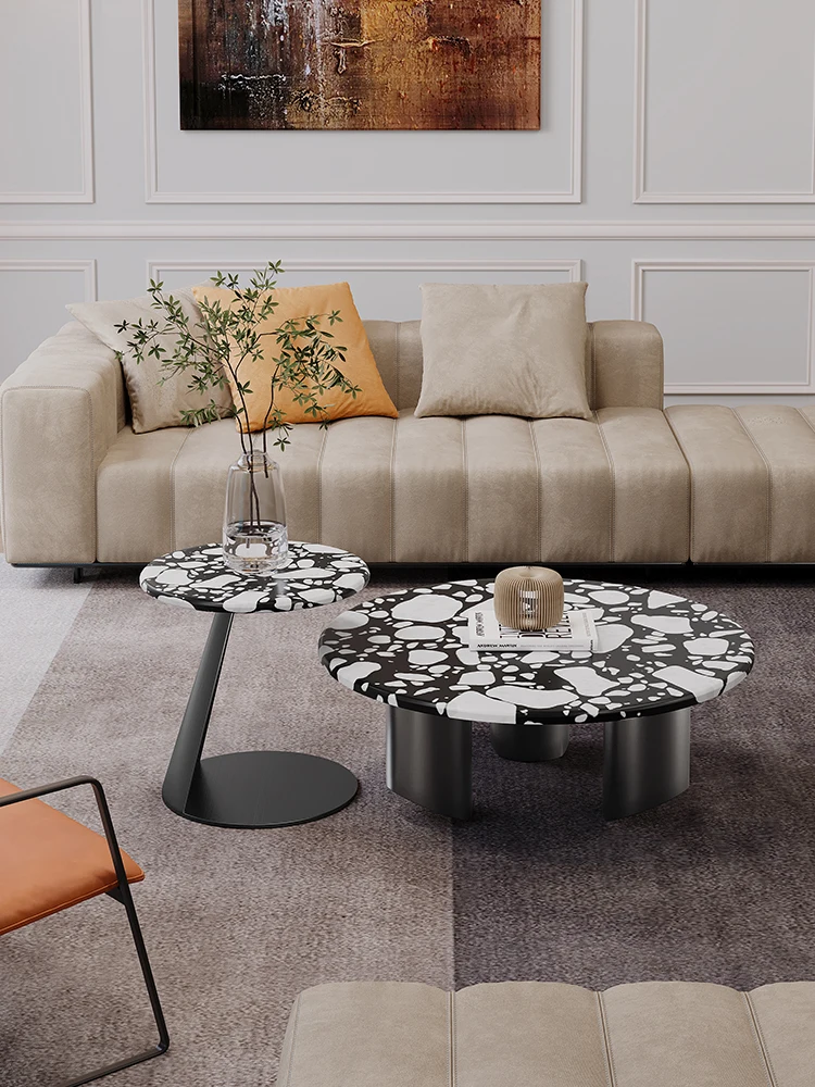 Round terrazzo coffee table, light luxury, high-end natural marble table, sofa edge table