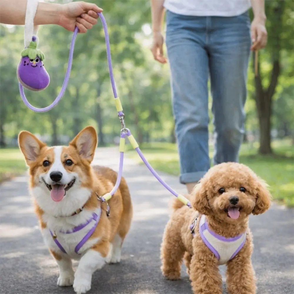 

Cartoon Dog Double-Headed Leash Soft Padding Breathable Mesh Puppy Plush Vest Eggplant Storage Bag Dog Harness Leash Set