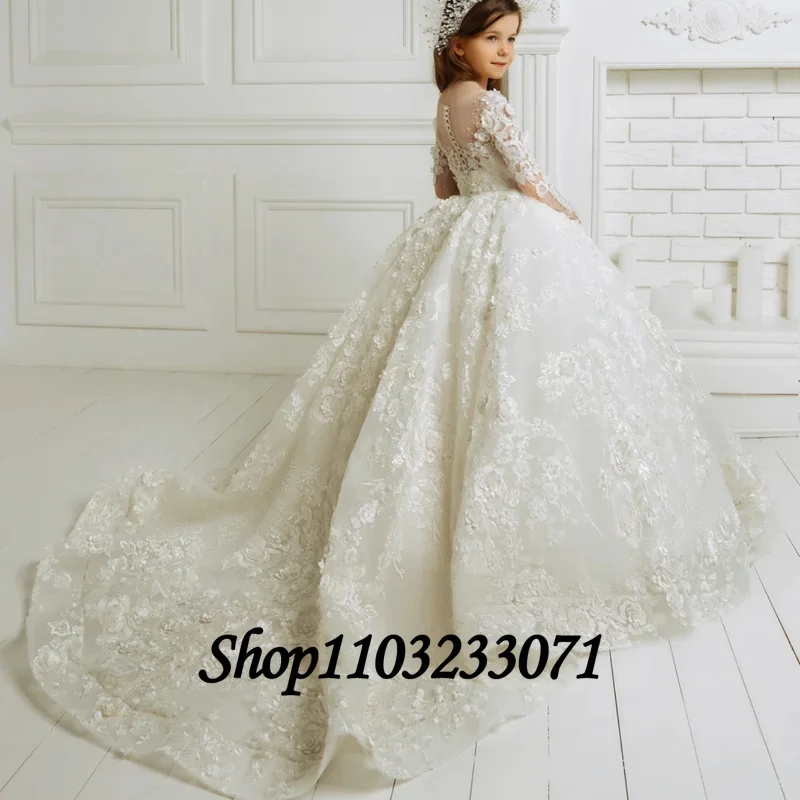 

White Lace Flower Girl Dress O-Neck Floor-Length A-LINE Kids Girl Dress for Wedding Birthday Festival Party First Communion