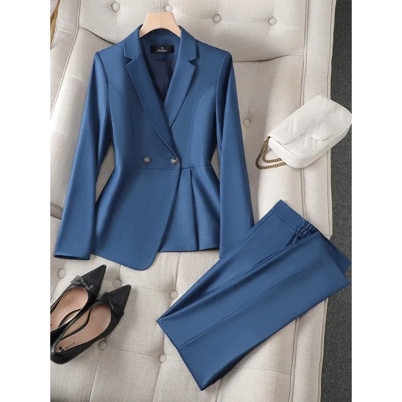 Elegant Blue Women's Pant Suit Set Formal 2 Piece Blazer Jacket+Trouser Office Ladies Work Wear Coat Outfit