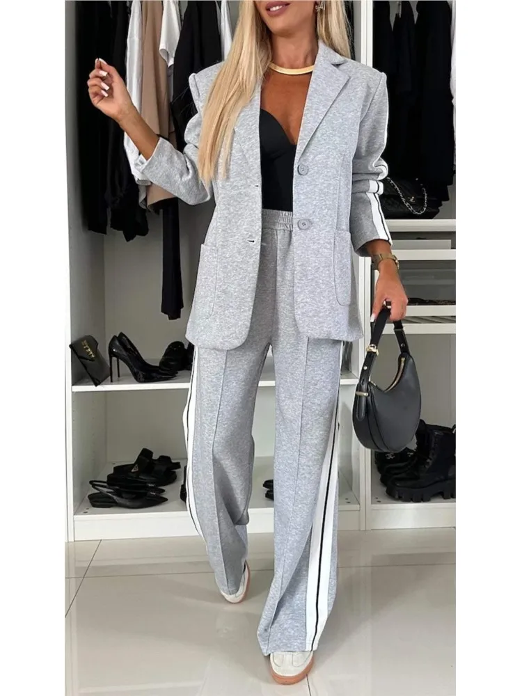 Autumn Winter Fashion Lapel Long Sleeve 2 Piece Set 2024 Woman Casual Button Striped Suit Jacket Long Pants Two Piece Sets Women