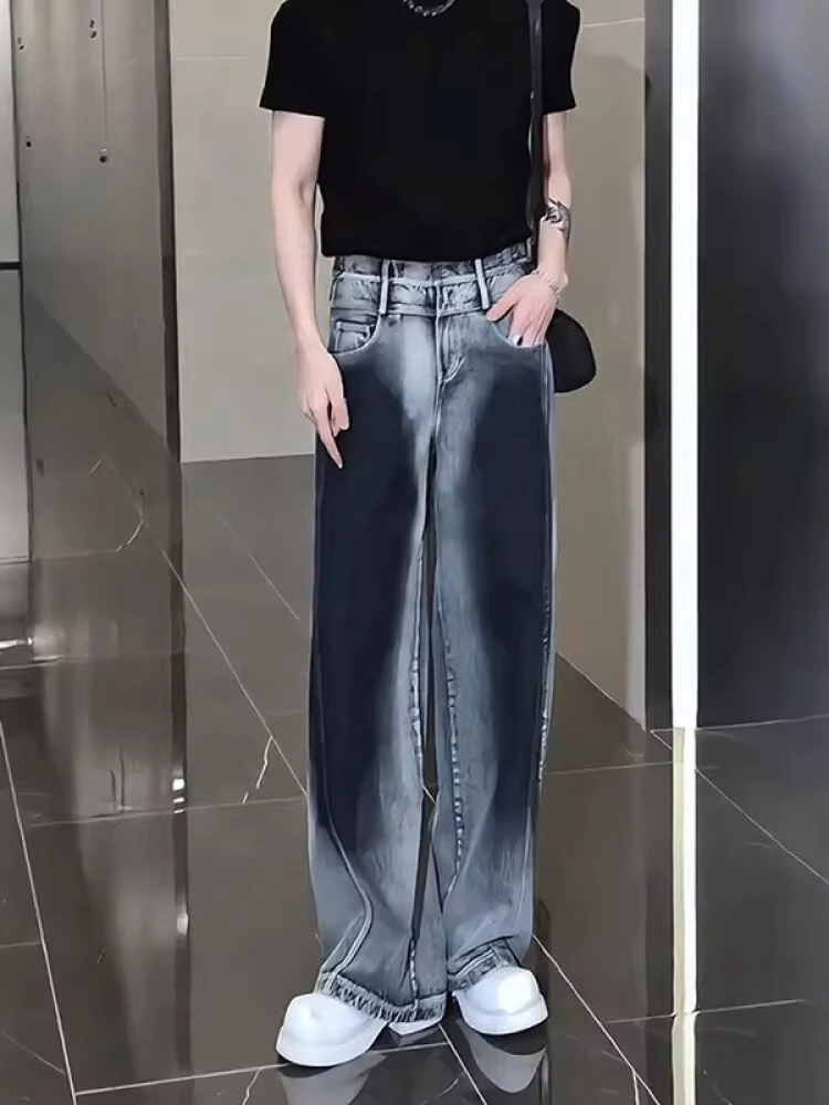 

Summer Thin Wide Leg Blue Gradient Dyed Men's Jeans High Waist Straight Cut Pants Lengthening Legs American Style Casual Jeans