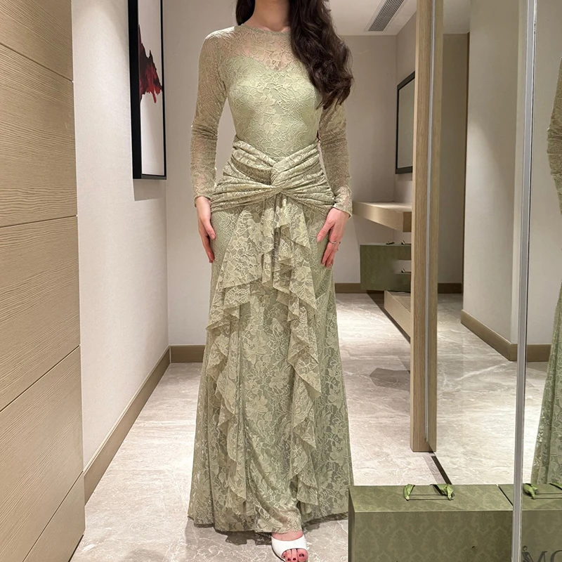 Elegantes Kleid mit Rüschenkanten-Design, O-Ausschnitt, Langen Ärmeln, Frühlings-Partykleid für Formelle Anlässe, Spitzenbesticktes Robenkleid