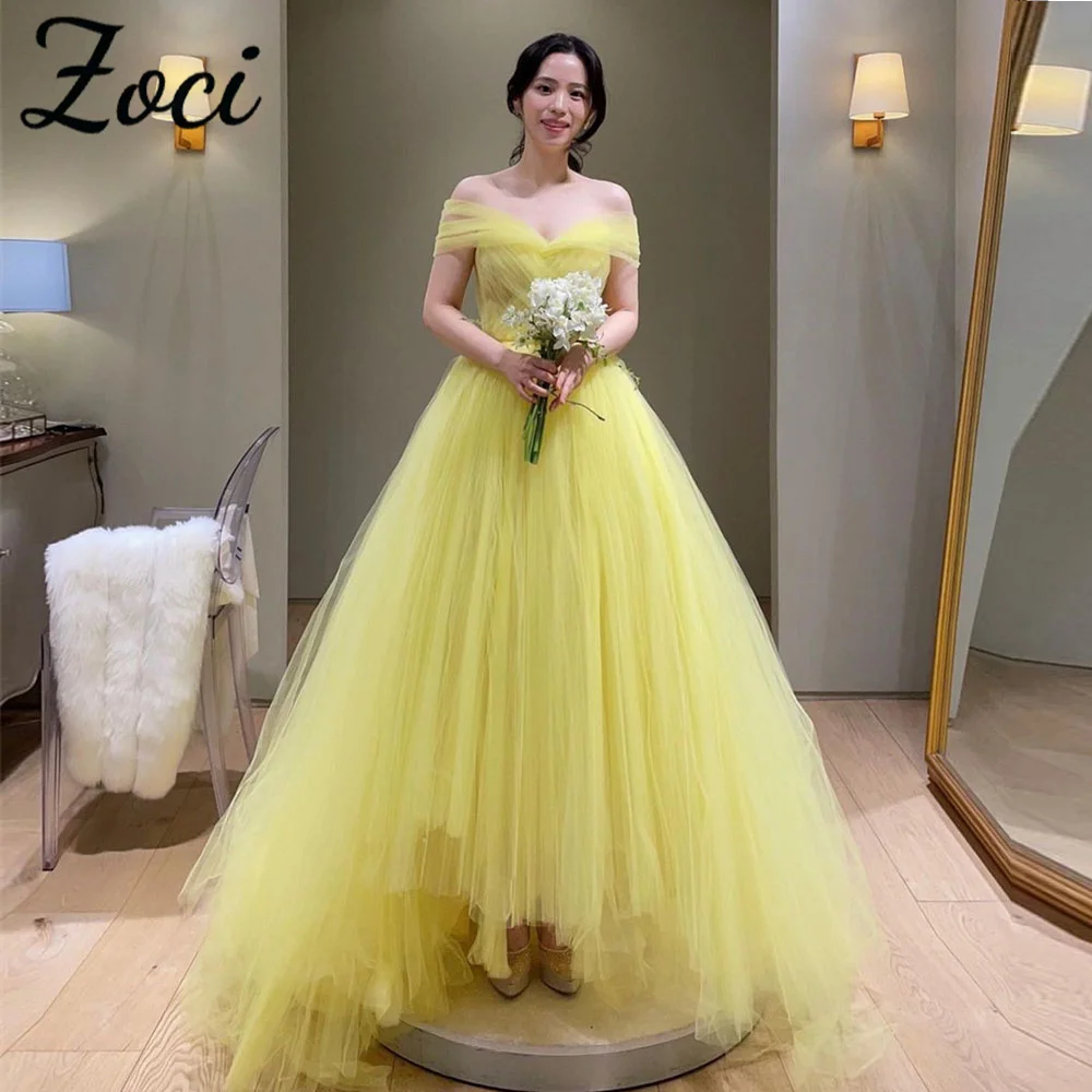 

Zoci Sweetheart High-Low Korea Wedding Dresses Off Shoulder Customized Yellow Bridal Gown Photo Shoot Fairy Tulle Party Dress