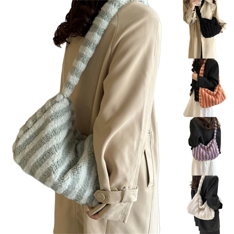 

Stylish Striped Plush Shoulder Bag Women Autumn Winter Crossbody Bag Casual Large Capacity Handbag for School Office Shopping