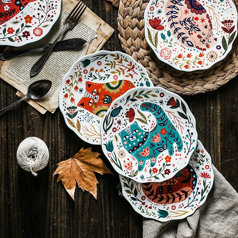 Creative 8inch Hand-painted Cat Dinner Plate Under-glazed Ceramic Dish Dessert Tray Flower Kitten Microwave Dinnerware YHJ021201