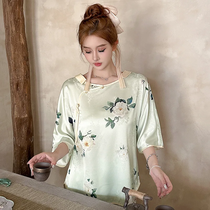 2026 Summer Light Luxury Ice Silk Pajamas for Women New Chinese Style Printed Head Set Diagonal Buckle Silk Home Furnishings