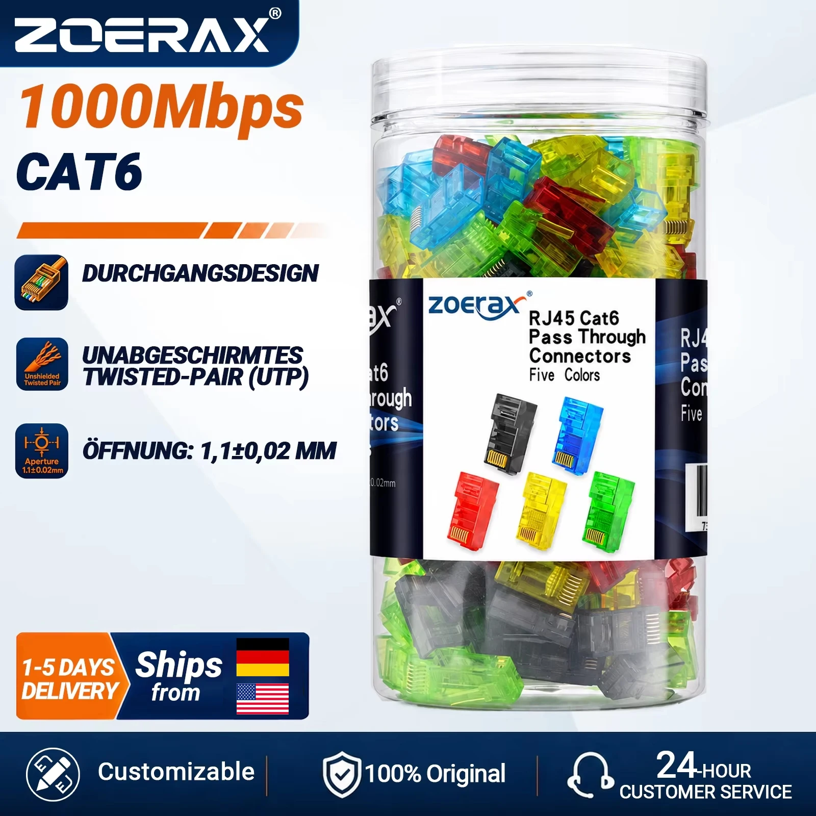 ZoeRax 200/100/50 Stück RJ45 Cat6 Durchgangsverbinder RJ45 Modularstecker 1,1 mm Loch für Massiv- oder Mehrader-UTP/STP-Kabel