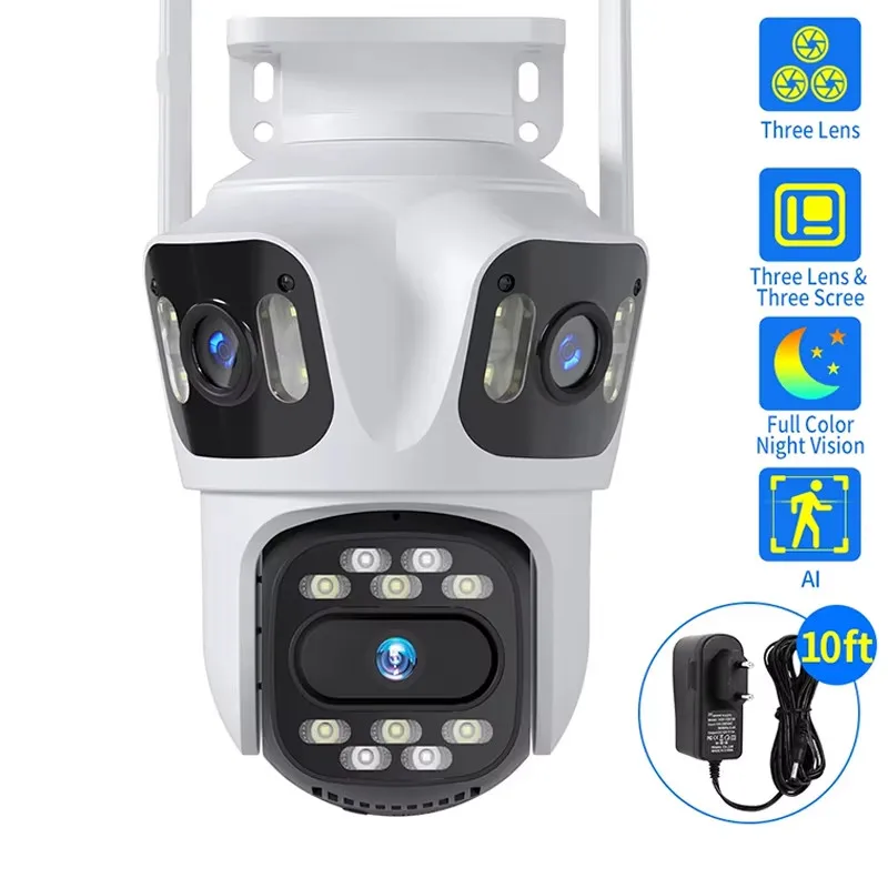 WSA18 4K WiFi PTZ Camera Three Lens Three Screen Outdoor IP Camera 5X Zoom Auto Tracking 2-Way Audio Video Surveillance