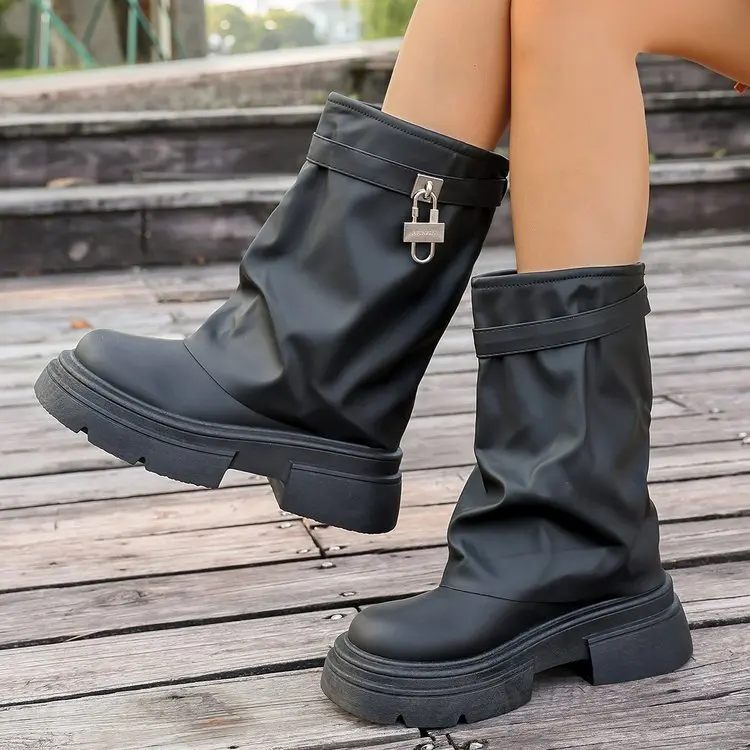 Women's Fashion Cuff Decoration Western Boots Spring and Autumn Trend Black Retro Round-headed PU Leather Thick Bottom Boots
