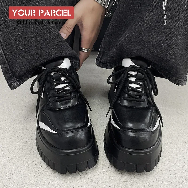 Height increasing casual shoes for men's thick sole high-end feeling sponge sole board shoes black sports style leather shoes