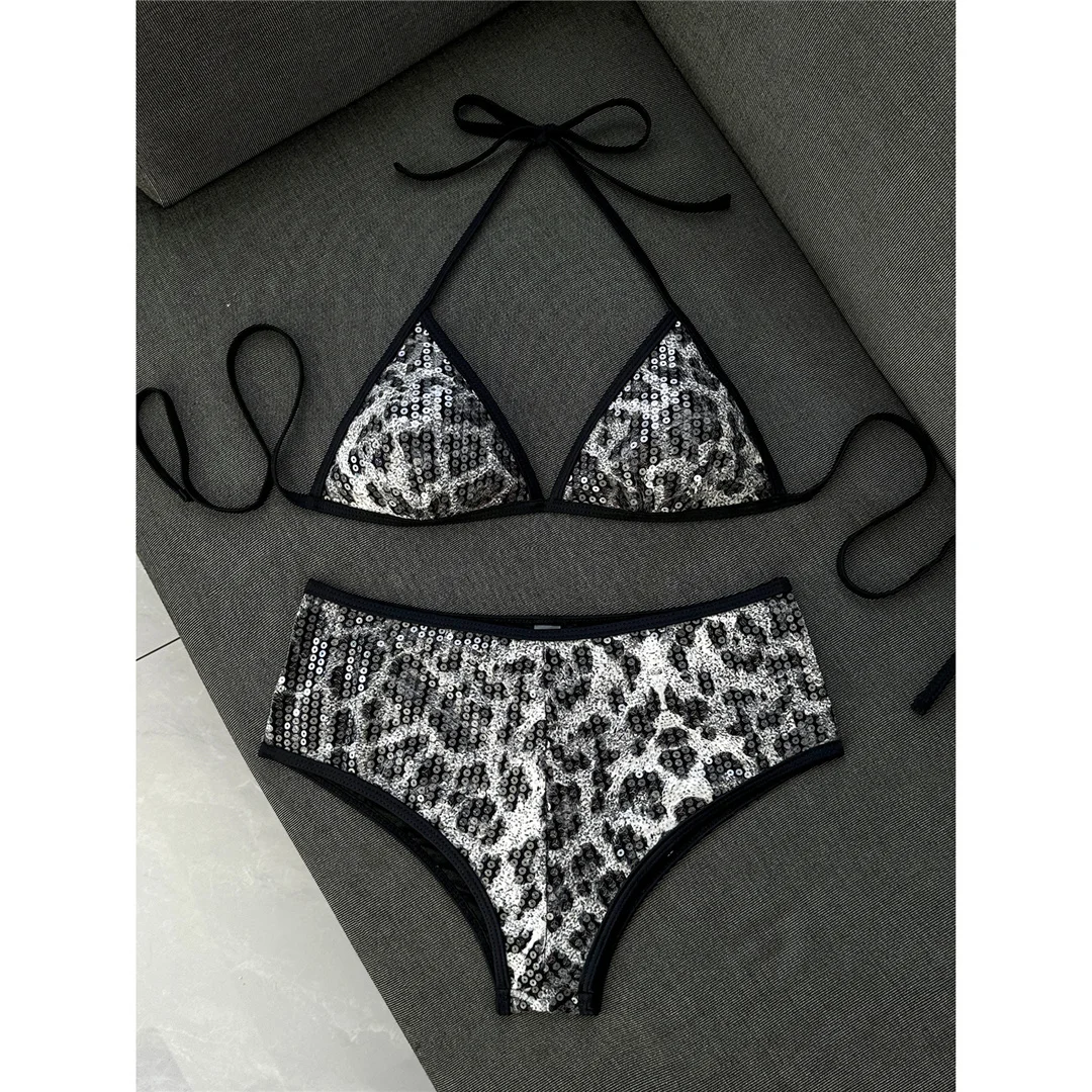 Sexy Bikini mit Leopardenmuster, Neckholder-Design und Pailletten, Damen-Badeanzug, zweiteiliges Bikini-Set, Badebekleidung, Badeanzug, Modell V8312. – Detail 10