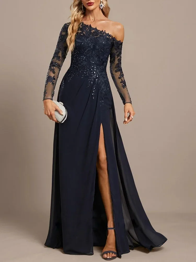 Long Sleeeves Navy Blue Mother of the Bride Dresses for Weddings with Slit Vestido Para Boda Madre De La Novia