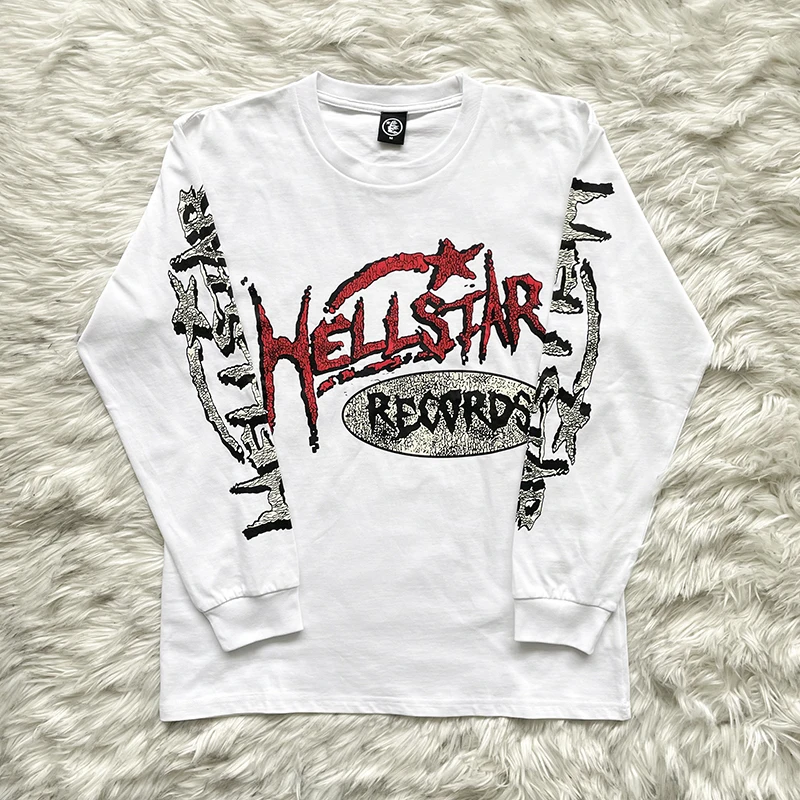 Pure Cotton Long Sleeve T-Shirt Trendy Brand Recdrds round Neck Printed Youth  Standard Fit Autumn Fashion 2023 Summer