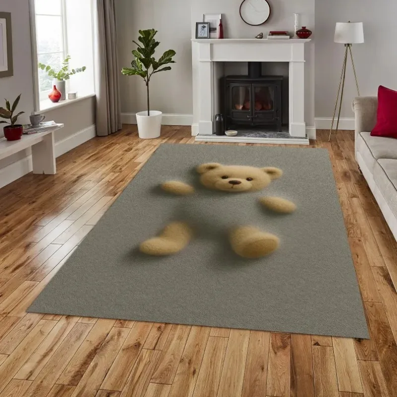 3D Floating Teddy Bear Rug, Realistic Tan Teddy Emerging From Gray Base, Soft Carpet for Cozy Nursery & Kids Room Fashionable