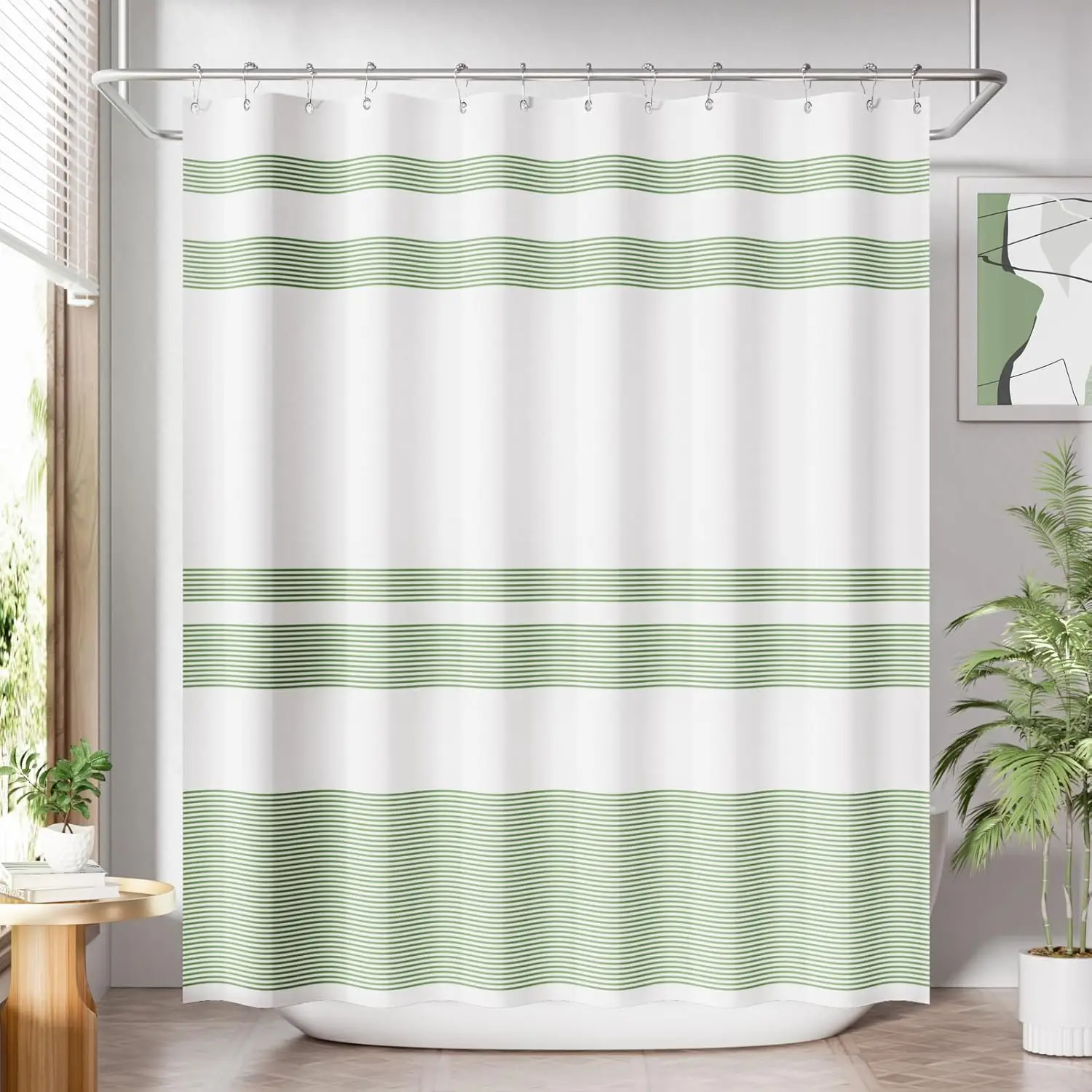 

Sage Green Striped Shower Curtain Set with 12 Hooks, 72x72, Washable Fabric