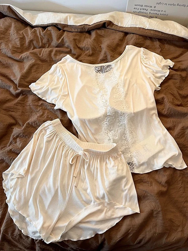 

Lace Trim Sleepwear Set Women's Summer New Short Sleeve Shorts Home Clothes Can Be Worn outside Two-Piece Set Casual Sportswear