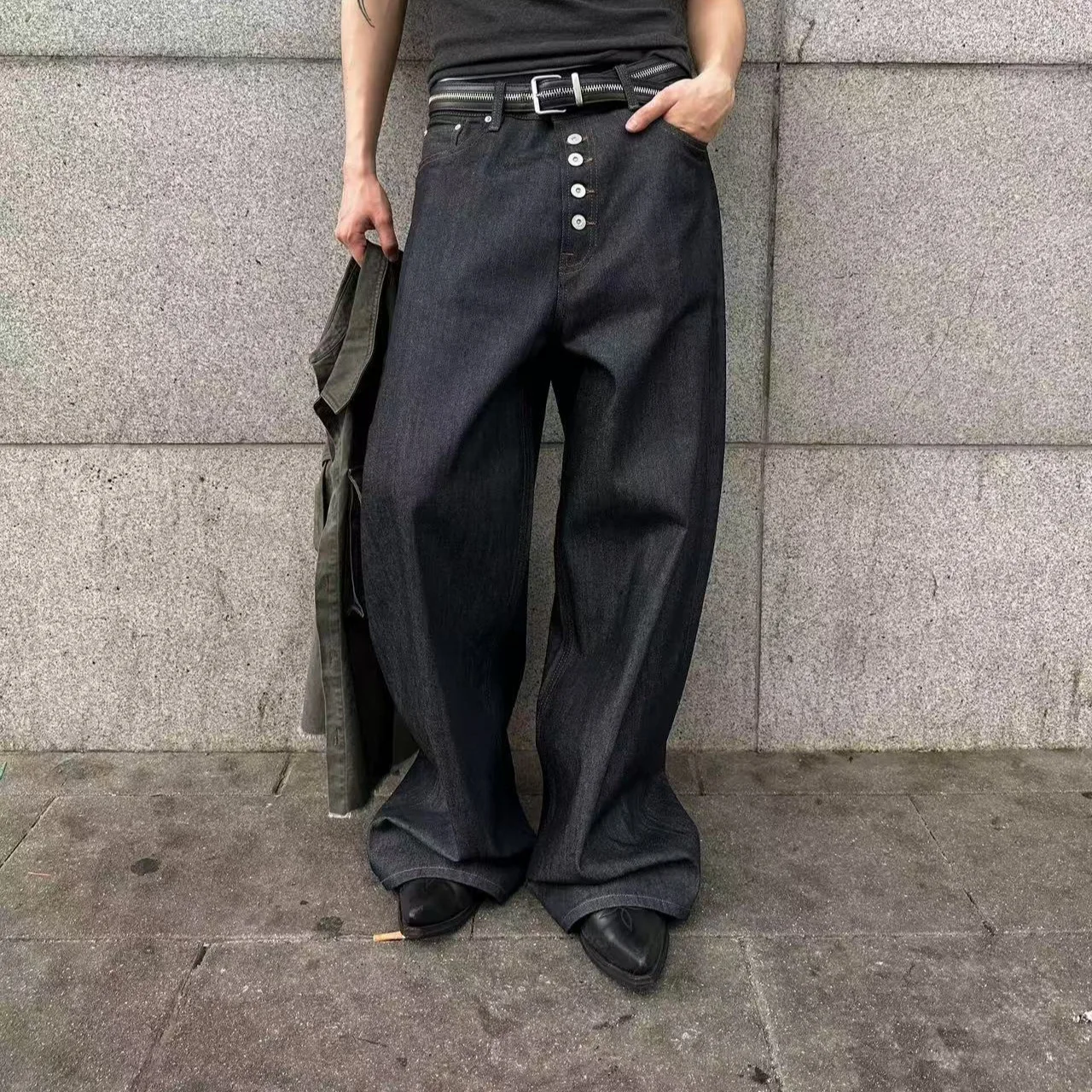 MWJLPWQ Button Design Machete Denim Baggy Jeans Men's High Street Edge Selvedge Niched Hiphop Loose Long Wide Leg Pants 12377