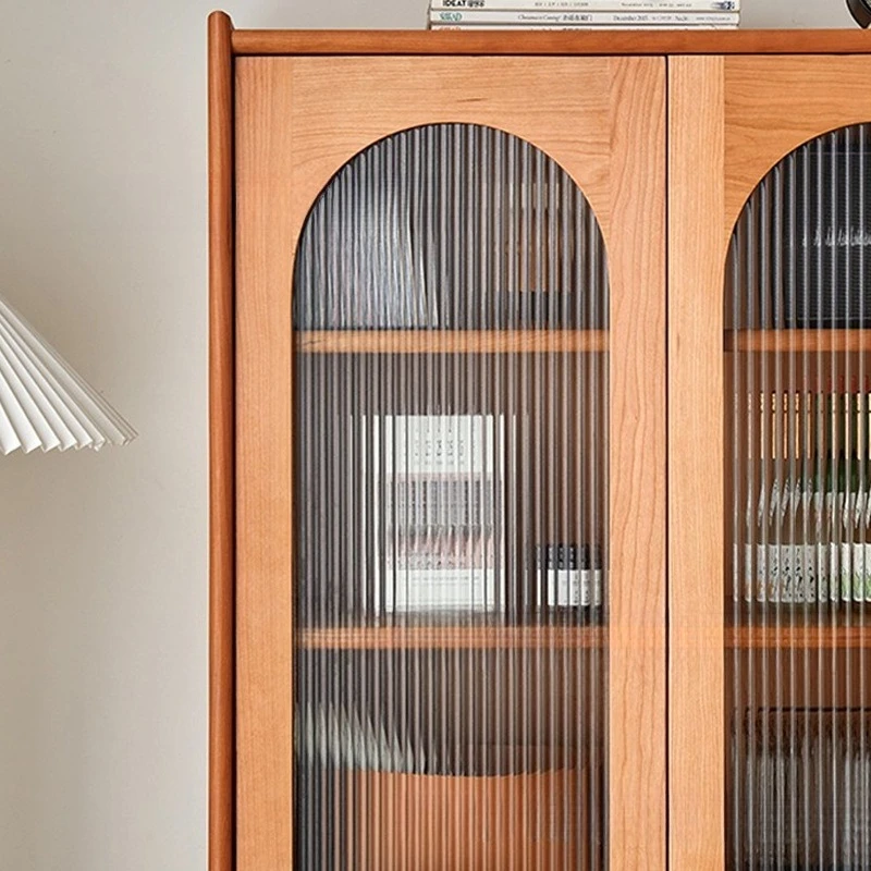 ตู้หนังสือไม้เนื้อแข็ง ตู้โชว์สไตล์ญี่ปุ่นสำหรับห้องนั่งเล่น ตู้เก็บของตั้งพื้นไม้เชอร์รี่พร้อมกระจก