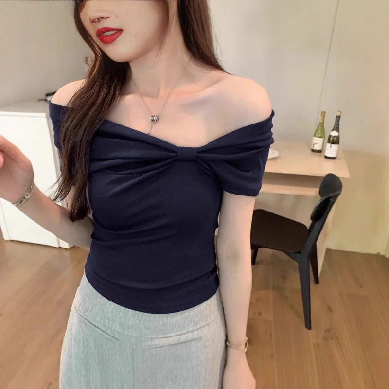 Women Summer Sexy Off-shoulder Short-sleeve T-shirt Student Girl Top Casual Sports Street Dance Woman Ladies Slim-fit Base Shirt