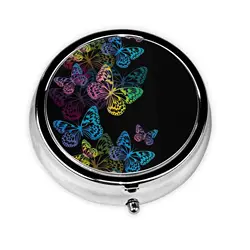 Butterflies Pill Box Purse Pocket Small Round Silver Pill Case Decorative Box Metal Medicine Vitamin Pill Organizer Portable