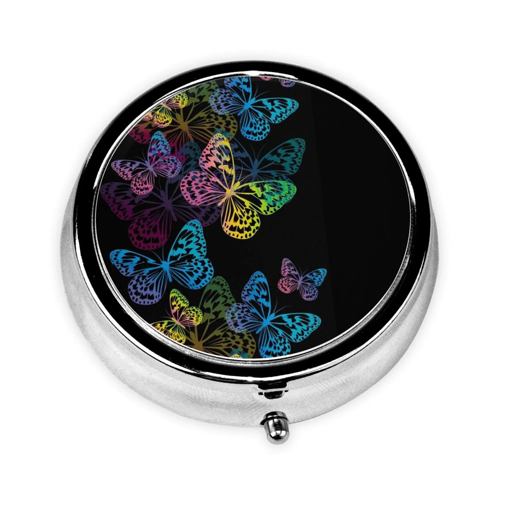 Butterflies Pill Box Purse Pocket Small Round Silver Pill Case Decorative Box Metal Medicine Vitamin Pill Organizer Portable