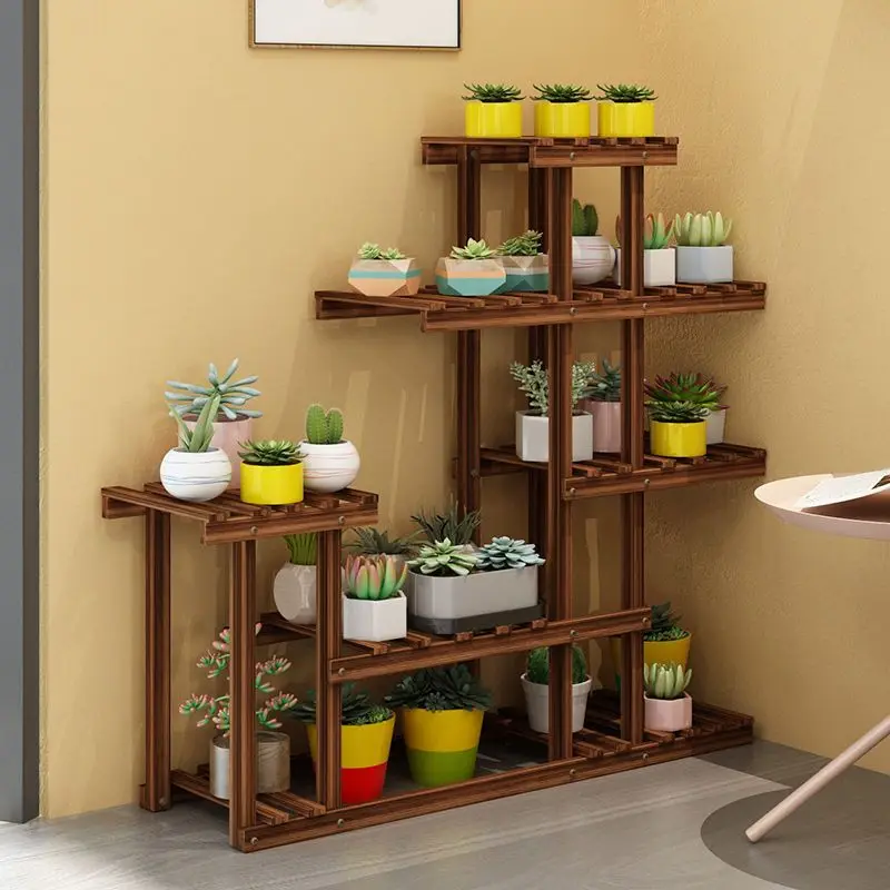 Balcony Flower Rack Multi-Layer Indoor Space Saving Floor-Standing Decorations Storage Rack Living Room Solid Wood Design