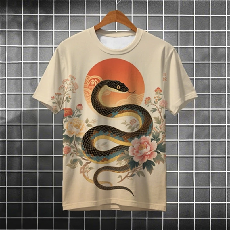 

Мужские футболки с рисунком змеи, летняя модная уличная одежда, футболки с 3D принтом Ukiyo-e, крутые футболки большого размера с круглым вырезом, топы