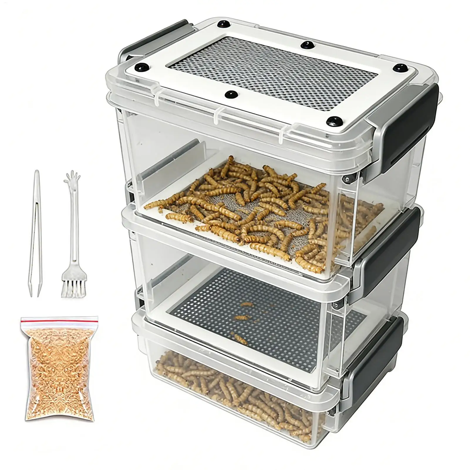 Mealworm Breeding Kit 3-Layer Silkworm Feeder Bin Corn Worm Breeder Box for Pet Parents Animal Lovers Keepers Breeders Hobbyists