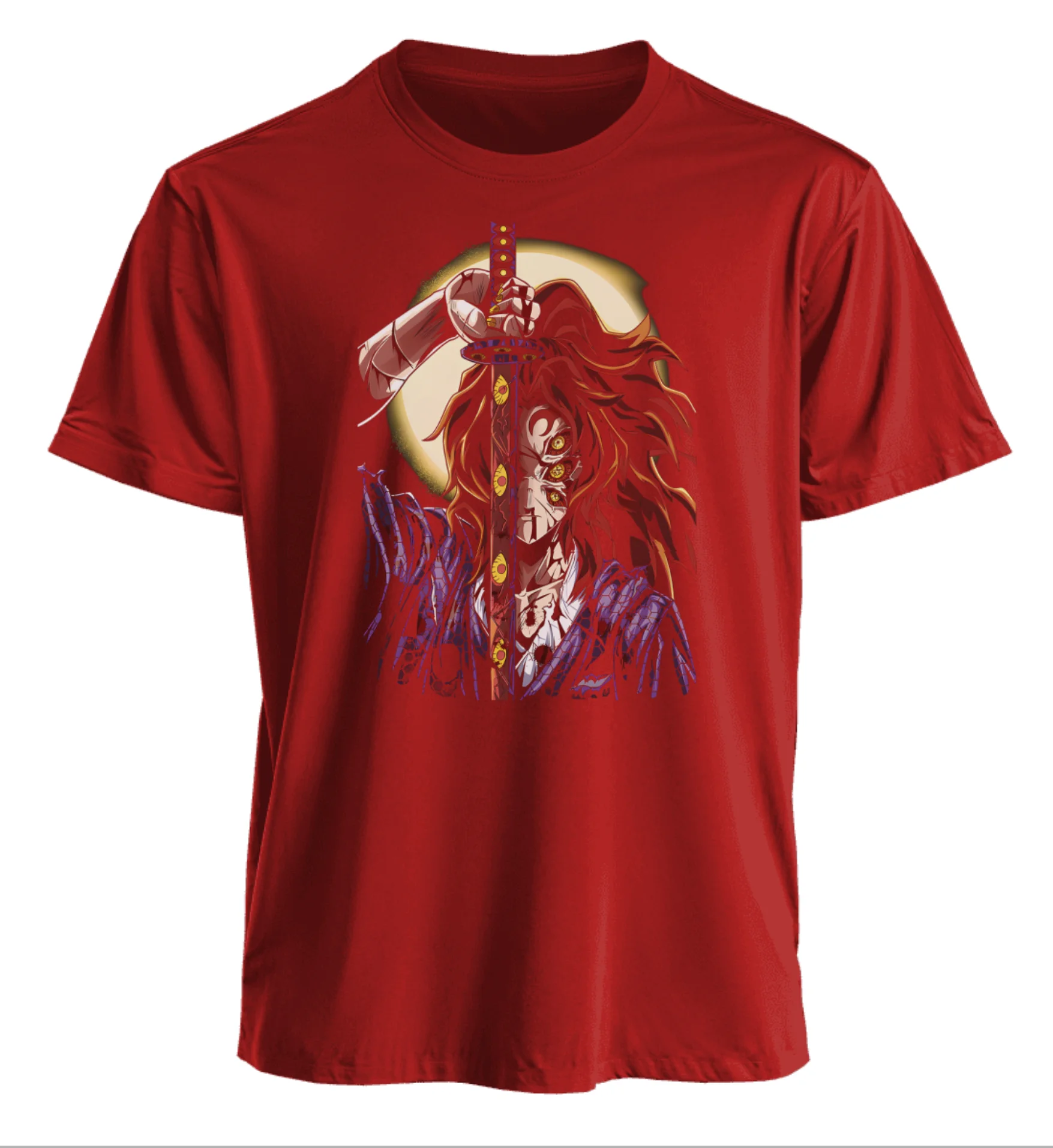 T-shirt anime Demon Slayer Rengoku Kyojuro con pelo rosso ardente e spada Katana, maglietta in cotone con scena di battaglia al chiaro di luna per i fan