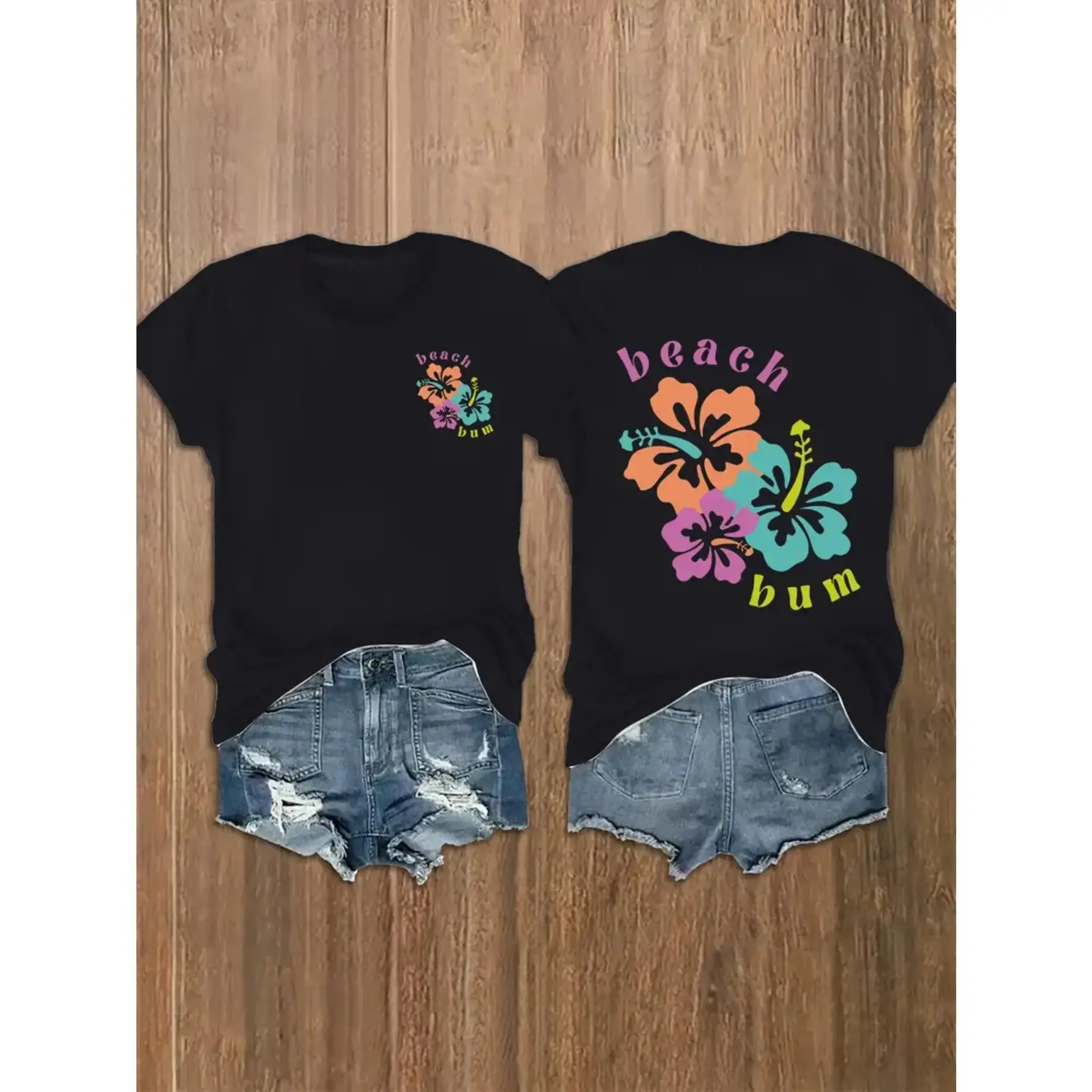 

Women's Beach Bum T-Shirt | Tropical Hibiscus Flower Graphic Tee | Summer Vacation Ocean Lover Gift Top