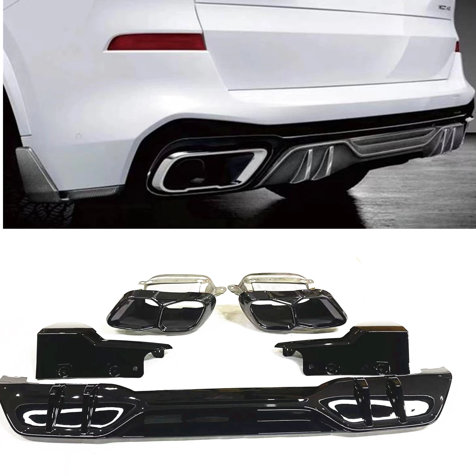 

For BMW G05 LCI X5 M Sport 2019-2023 Gloss Black Rear Bumper Diffuser Spoiler Lip+Side Splitter Cover+Exhaust Muffler Tip Pipe