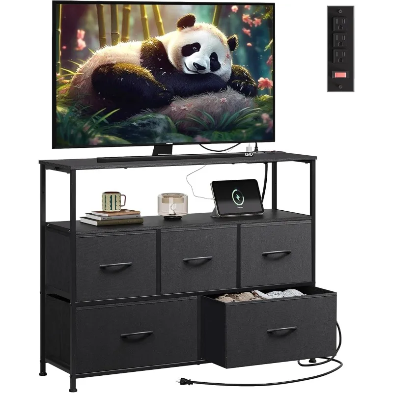 Dresser TV Stand for 45 Inch TV, Entertainment Center with Open Shelf and Power Outlet, Black Fabric Dressers