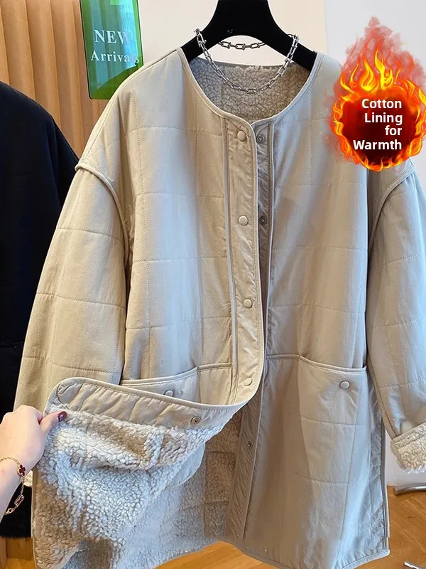 سترة قطنية مبطنة بفرو الضأن مقاس كبير للنساء شتوية متوسطة الطول كبيرة الحجم Fce سترة مفتوحة دافئة غير رسمية طويلة Sve #1
